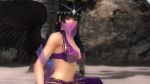  1girl 3d alternate_costume alternate_hairstyle arabian_clothes beach black_hair black_wings dead_or_alive dead_or_alive_5 harem_outfit highres hime_cut jewelry midriff navel nyotengu rustiko2390 screencap solo veil violet_eyes wings 