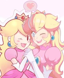  2girls blonde_hair crown dress dual_persona earrings happy heart jewelry mario_&amp;_luigi mario_&amp;_luigi:_paper_jam multiple_girls one_eye_closed open_mouth paper_mario pink_dress princess_peach puffy_sleeves sally_(luna-arts) simple_background smile spoken_heart super_mario_bros. white_gloves wink 