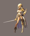  1girl armor blonde_hair braid breasts glaring knight solo sword yellow_eyes 