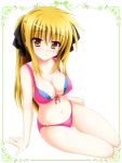  1girl arm_support bikini blonde_hair breasts cleavage fate_testarossa front-tie_top highres karin_(rei862) long_hair looking_at_viewer lyrical_nanoha mahou_shoujo_lyrical_nanoha_strikers navel o-ring_bottom polka_dot polka_dot_bikini polka_dot_swimsuit sitting swimsuit thigh_gap yellow_eyes yokozuwari 