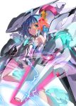  1girl :o ahoge bare_shoulders blue_hair blush breasts dress electricity gakusen_toshi_asterisk mecha sasamiya_saya scouter short_dress sleeveless sleeveless_dress small_breasts solo violet_eyes visor 