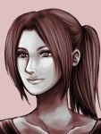  1girl brown_hair claire_redfield close-up collarbone face lips long_hair monochrome pink_background ponytail resident_evil resident_evil_2 sideburns simple_background solo 