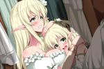  2girls blonde_hair breasts clenched_teeth elf flower green_eyes hair_flower hair_ornament hug large_breasts long_hair lyricbox multiple_girls pointy_ears scared shadow shingeki_no_orc siblings sisters tears teeth 