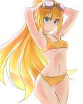  1girl arms_behind_head bikini blonde_hair blue_eyes breasts cleavage coffee_(ecafree2) collarbone goggles long_hair navel original simple_background small_breasts solo swimsuit very_long_hair white_background yellow_bikini 