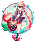  1girl ahoge blue_eyes domino_mask female gatling_gun gun hair_ornament hairclip inkling jacket mask minigun nintendo open_mouth pink_hair school_uniform skirt smile solo splatoon teeth tentacle_hair weapon 