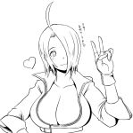  1girl ahoge angel_(kof) breasts butcha-u female fingerless_gloves gloves hair_over_one_eye jacket king_of_fighters large_breasts monochrome short_hair solo the_king_of_fighters v 