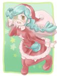  1girl adapted_uniform alternate_costume annie_of_the_stars belt christmas eyepatch female green_hair hat open_mouth pouch red_legwear sack santa_costume santa_hat skullgirls solo thigh_boots twin_braids yellow_eyes 