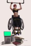  1girl abs barbara_gordon batman_(series) biceps book closed_eyes computer crop_top cup dc_comics fingerless_gloves glasses gloves laptop midriff miguel_mercado mug navel oracle redhead shoes sneakers solo stomach strap toned wheelchair 