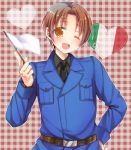  1boy ;d aina123 axis_powers_hetalia brown_hair flag heart italy_(hetalia) male_focus one_eye_closed open_mouth orange_eyes smile solo waving_flag wink 