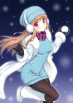  1girl artist_request beanie blonde_hair boots earmuffs gloves hat league_of_legends legs long_hair outdoors pantyhose snow snowball solo sweater syndra violet_eyes 