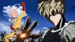  2boys animated animated_gif bald black_sclera blonde_hair cyborg genos glowing glowing_eyes multiple_boys one-punch_man saitama_(one-punch_man) short_hair sky smile standing torn_clothes 