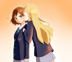  2girls blazer blonde_hair brown_eyes brown_hair cheek_kiss closed_eyes female gradient gradient_background hirasawa_yui k-on! kiss kotobuki_tsumugi long_hair multiple_girls orange_background school_uniform shizupu short_hair surprise_kiss surprised yuri 