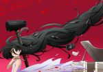  1girl bare_shoulders black_hair blue_eyes book dansai_bunri_no_crime_edge dress gradient gradient_background hammer instrument knife mushanokouji_iwai open_mouth piano pink_background scissors solo syringe tears very_long_hair weapon 