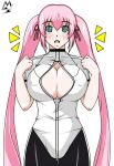  :o breasts cellshadfan center_opening cleavage green_eyes hagure_yuusha_no_estetica large_breasts long_hair no_bra ousawa_miu pink_hair ribbon simple_background surprised thigh_gap twintails very_long_hair watermark white_background 