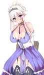  1girl arms_behind_back bare_shoulders blonde_hair blue_eyes blush breasts cleavage collar collarbone curvy elbow_gloves elf elf_no_kuni:_elf_tachi_ga_seiyoku_ousei_na_orc_tachi_ni_kyousei_ninshin_saseru embarrassed female garter_straps gloves hair_bun highres large_breasts legs long_hair looking_at_viewer mound_of_venus pointy_ears simple_background solo standing thigh-highs thighs tiara white_background wide_hips 