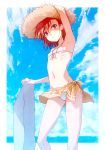  1girl bikini breasts clouds cloudy_sky day flat_chest front-tie_bikini front-tie_top hat highres looking_at_viewer misaka_mikoto navel outdoors puma_(hyuma1219) red_eyes redhead sarong short_hair sky solo straw_hat swimsuit to_aru_kagaku_no_railgun to_aru_majutsu_no_index white_bikini white_swimsuit 