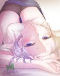  1girl acchun blue_eyes blush clip_studio_paint_(medium) hands_above_head highres izayoi_sakuya looking_at_viewer lying on_back parted_lips partially_undressed silver_hair solo thighs touhou 