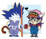  1boy 1girl baseball_cap black-framed_eyewear black_footwear black_hair blue_background blue_eyes blue_footwear box box_of_chocolates candy character_name child chocolate clothes_writing collarbone commentary_request creator_connection crossover dougi dr._slump dragon_ball dragon_ball_(classic) eyelashes fenyon fingernails food full_body glasses hair_between_eyes hand_in_pocket hand_on_hip happy hat heart holding holding_box holding_food legs_together long_hair looking_at_another monkey_tail norimaki_arale nyoibo overalls parted_lips purple_hair red_shirt semi-rimless_eyewear shirt shoes short_sleeves simple_background smile sneakers son_gokuu spiky_hair square standing straight_hair tail twitter_username white_background winged_hat 