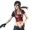  1girl belt beretta_92 blue_eyes breasts brown_hair claire_redfield cleavage denim fingerless_gloves gloves gun handgun hirodi long_hair pistol ponytail resident_evil resident_evil_2 resident_evil_code:_veronica sideburns solo weapon 