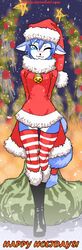  1girl bag blue_eyes blue_hair blush boots christmas furry hat krystal legwear luigiix night nintendo santa_hat short_hair snow solo star_fox striped_legwear tail wink 