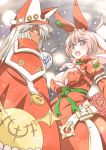  2girls alternate_color blonde_hair christmas dark_skin elphelt_valentine guilty_gear guilty_gear_xrd hat looking_at_viewer multiple_girls pink_hair raguro ramlethal_valentine snowing 