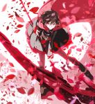  1girl black_hair boots cape hood looking_at_viewer petals red_eyes ruby_rose rwby scythe short_hair smile solo weapon 