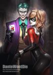  1boy 1girl ass batman_(series) black_gloves blonde_hair bodysuit card dantewontdie dc_comics domino_mask evil_grin evil_smile facepaint gloves green_hair grin harley_quinn looking_at_viewer makeup mask necktie pale_skin playing_card smile suit the_joker 