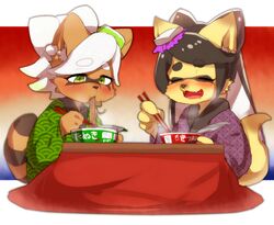  2girls animalization aori_(splatoon) black_hair closed_eyes fox furry green_eyes hotaru_(splatoon) japanese_clothes multiple_girls open_mouth raccoon smile splatoon white_hair 