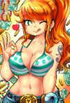  1girl alternate_hairstyle beads bikini_top breasts cleavage gold heart jewelry kenron_toqueen licking_lips long_hair looking_at_viewer money nami_(one_piece) necklace one_piece orange_hair shounen_jump solo tongue tongue_out wink 