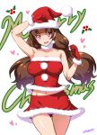  1girl :d amanogawa_kirara arm arm_up armpits artist_name bare_arms bare_shoulders blush breasts brown_hair choker christmas clenched_hand collarbone earrings erect_nipples female gloves go!_princess_precure happy hat heart jewelry joy_ride large_breasts legs long_hair looking_at_viewer low_twintails merry_christmas midriff navel open_mouth panties pantyshot pantyshot_(standing) precure purple_panties red_gloves red_skirt santa_costume santa_gloves santa_hat skin_tight skirt smile solo sparkle standing strapless tubetop twintails underwear upskirt violet_eyes white_background 