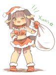  1girl artist_request breasts brown_hair christmas dog female full_body furry hat long_hair one_eye_closed skirt solo white_background wink 