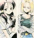  2girls agahari android_18 belt black_eyes black_hair blonde_hair blue_eyes blush breasts denim dragon_ball dragonball_z female fingerless_gloves gloves jeans long_hair multiple_girls pants short_hair shorts skirt torn_clothes videl 