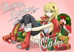  1girl alternate_color arc_system_works artist_request birthday blazblue blonde_hair blush boots capelet christmas gloves green_eyes hair_ornament happy_birthday long_hair noel_vermillion open_mouth parted_lips sitting skirt smile solo thigh-highs 