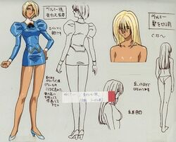  1girl 90s agent_aika ass bare_shoulders blonde_hair blue_delmo blue_shoes breasts collarbone concept_art dark_skin delmo female heels legs long_hair long_sleeves looking_back miniskirt no_bra panties puffy_sleeves shoes short_hair skirt solo standing topless underwear valerie_(blue_delmo) 