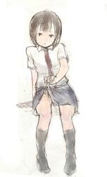  1girl arm_support bangs black_eyes brown_hair child collar kneehighs mabera monochrome necktie no_shoes short_hair sitting sketch skirt skirt_lift solo white_background 