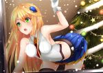  1girl against_glass arc_system_works bare_shoulders bent_over blazblue blonde_hair blush breast_press breasts christmas gloves green_eyes hair_ornament healther leaning leaning_forward long_hair necktie noel_vermillion open_mouth shiny shiny_hair skirt snow solo thigh-highs tree window 