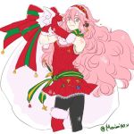  1girl christmas christmas_tree fire_emblem fire_emblem_heroes fire_emblem_if gloves hairband hat insarability long_hair looking_at_viewer pantyhose pink_hair santa_costume simple_background smile soleil_(fire_emblem_if) solo very_long_hair white_background 