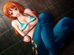  1girl arms_behind_back bare_shoulders bdsm bikini_top bondage bound breasts cleavage denim female jeans kodamashi large_breasts legs long_hair looking_at_viewer nami_(one_piece) one_piece open_mouth orange_hair pants red_eyes rope shounen_jump sitting solo thighs under_boob 