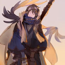  brown_hair cape closed_eyes elta_(granblue_fantasy) granblue_fantasy head_tilt instrument male_focus nineo scarf smile 