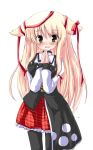  1girl :d blonde_hair blush cowboy_shot hands_together long_hair looking_at_viewer open_mouth plaid plaid_skirt red_ribbon ribbon simple_background skirt smile solo thigh-highs white_background zettai_ryouiki 