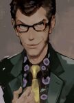  000cocktail000 1boy arsene_lupin_iii blue_eyes brown_background brown_hair floral_print glasses green_jacket jacket looking_at_viewer lupin_iii necktie simple_background solo upper_body yellow_neckwear 
