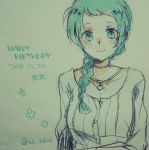  1girl blue_eyes blue_hair gradient gradient_background happy_birthday megami_tensei persona persona_3 persona_4:_the_ultimate_in_mayonaka_arena shin_megami_tensei solo yamagishi_fuuka 