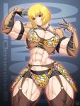  1girl abs biceps blonde_hair breasts cleavage clementine_(overlord) criss-cross_halter extreme_muscles female flexing gloves halter_top halterneck muscle navel overlord_(maruyama) pose red_eyes ren_(tainca2000) solo thigh-highs 