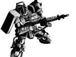  gun gundam mecha mobile_suit_gundam monochrome mori_souchou no_humans simple_background weapon zaku zaku_ii 