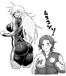  2girls ass blush breasts curvy highres jacket large_breasts long_hair looking_at_viewer looking_back multiple_girls parted_lips sharp_teeth simple_background synecdoche teeth thick_thighs thighs translation_request white_background 