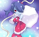  1girl bag bare_shoulders blue_skin blush breasts detached_collar detached_sleeves hair_over_one_eye leviathan_(skullgirls) misaki_naoe red_eyes santa_costume side_ponytail skullgirls snow squigly_(skullgirls) stitched_mouth stitches zombie 