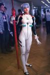  ayanami_rei blue_hair bodysuit cosplay frosel latex latex_suit neon_genesis_evangelion photo plugsuit shiny shiny_clothes skin_tight staff 