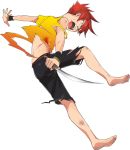  1boy aizen_kunitoshi bandaid bandaid_on_nose barefoot full_body injury male_focus official_art open_mouth redhead sako_misaki short_hair simple_background solo tantou torn_clothes touken_ranbu transparent_background 