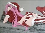  1girl akashi_(kantai_collection) ass cake eating food green_eyes grey_background hair_ribbon hat highres kantai_collection kojima_takeshi long_hair looking_at_viewer looking_back lying monochrome on_stomach panties pink_hair ribbon santa_costume santa_hat sketch solo thigh-highs thighs tress_ribbon twintails underwear 