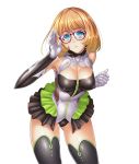  1girl blonde_hair blue_eyes erect_nipples female glasses legs looking_at_viewer osafune_tsuruko short_hair skirt solo taimanin_asagi taimanin_asagi_battle_arena zol 